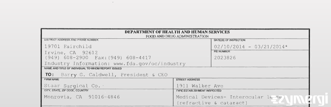 FDANews 483 Staar Surgical Co. Mar 21 2014 top