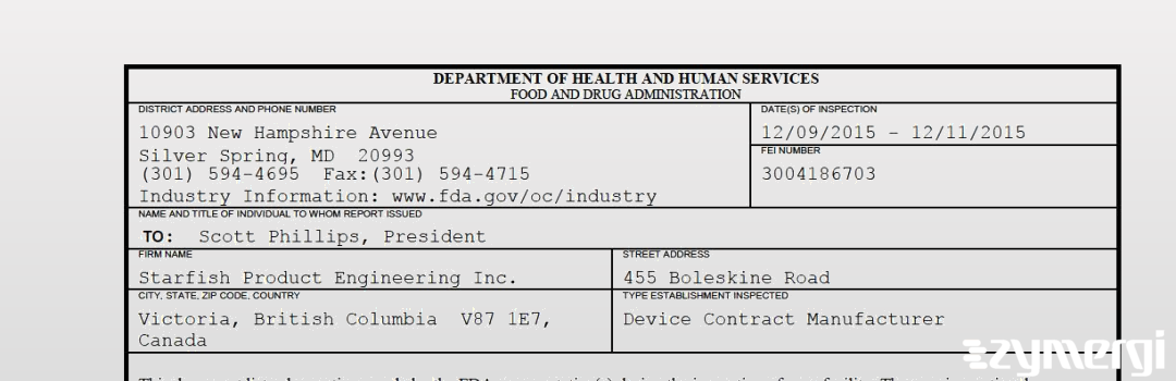 FDANews 483 Starfish Product Engineering Inc. Dec 11 2015 top