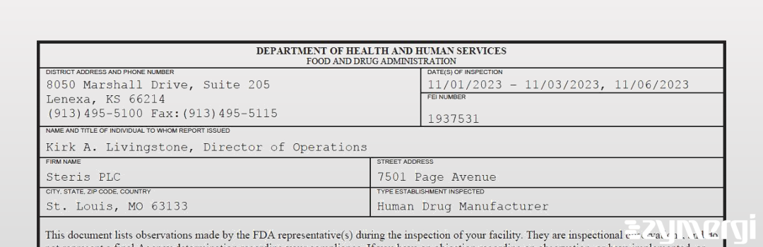FDANews 483 Steris PLC Nov 6 2023 top