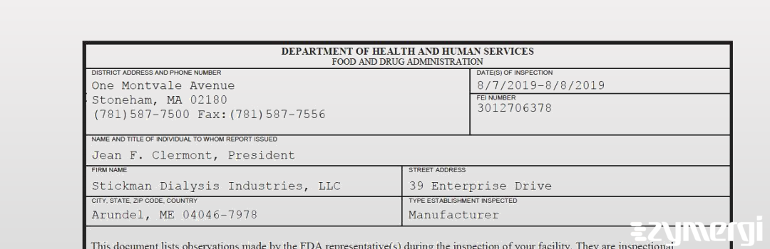 FDANews 483 Stickman Dialysis Industries, LLC Aug 8 2019 top