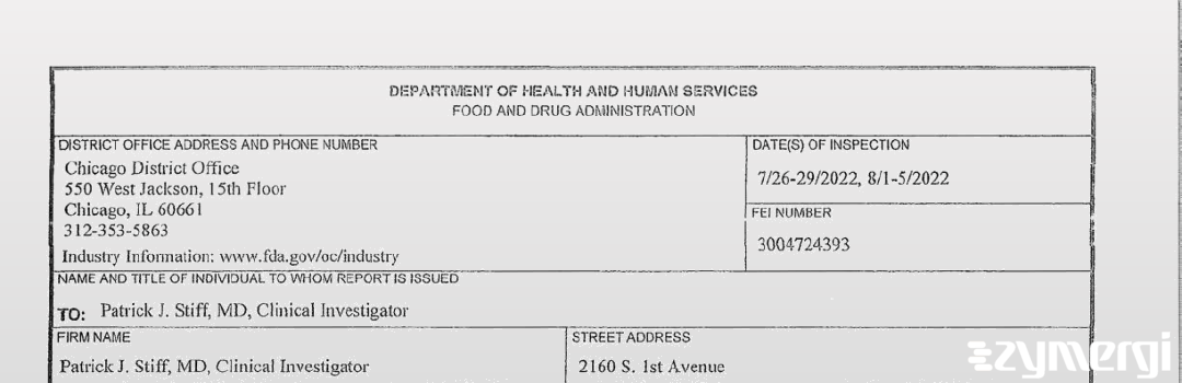 FDANews 483 Stiff, Patrick J, M.D. Aug 5 2022 top