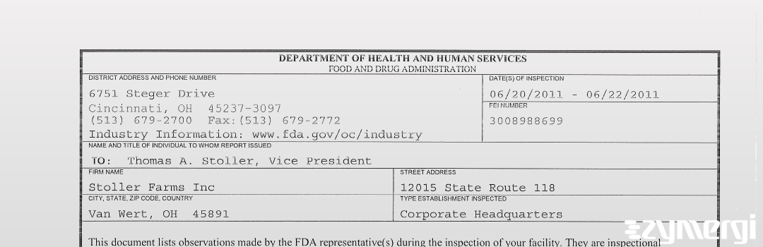 FDANews 483 Stoller Farms Inc Jun 22 2011 top