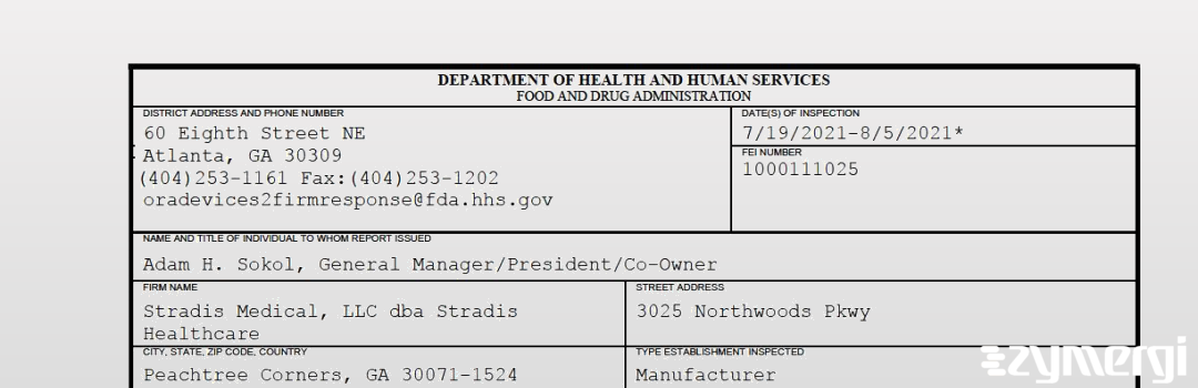 FDANews 483 Stradis Medical, LLC dba Stradis Healthcare Aug 5 2021 top