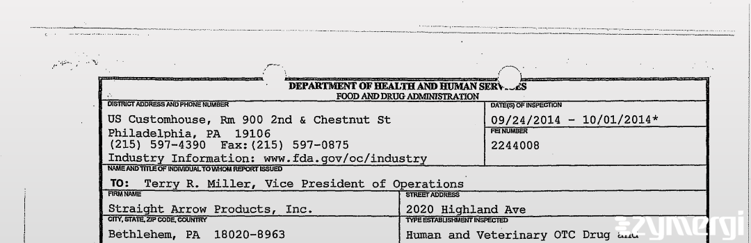 FDANews 483 Straight Arrow Products, Inc. Oct 1 2014 top
