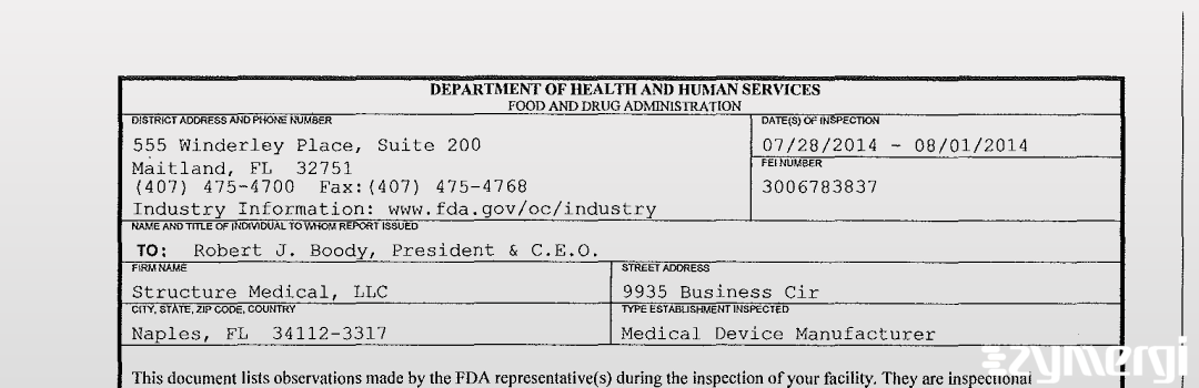 FDANews 483 Structure Medical LLC Aug 1 2014 top