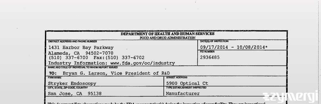 FDANews 483 Stryker Endoscopy Oct 8 2014 top