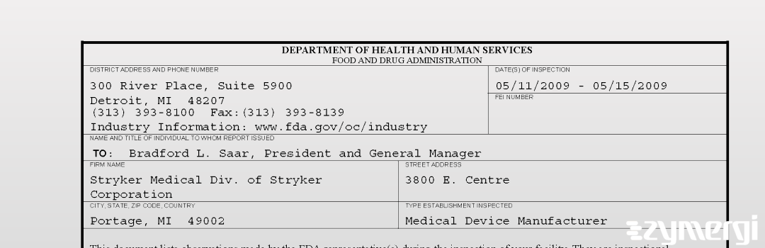 FDANews 483 Stryker Medical Division of Stryker Corporation May 15 2009 top