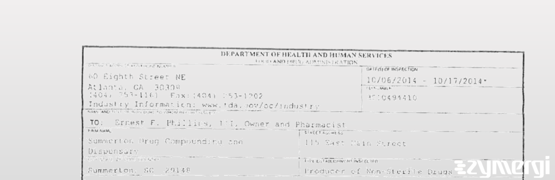 FDANews 483 Summerton Drug Compounding and Dispensary Oct 17 2014 top