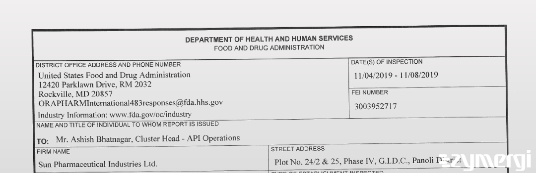 FDANews 483 Sun Pharmaceutical Industries, LTD. Nov 8 2019 top