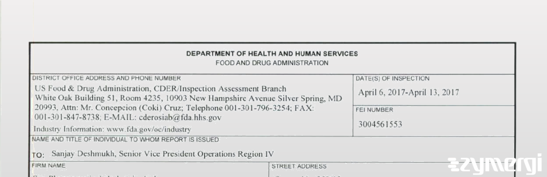 FDANews 483 Sun Pharmaceutical Industries Limited Apr 13 2017 top