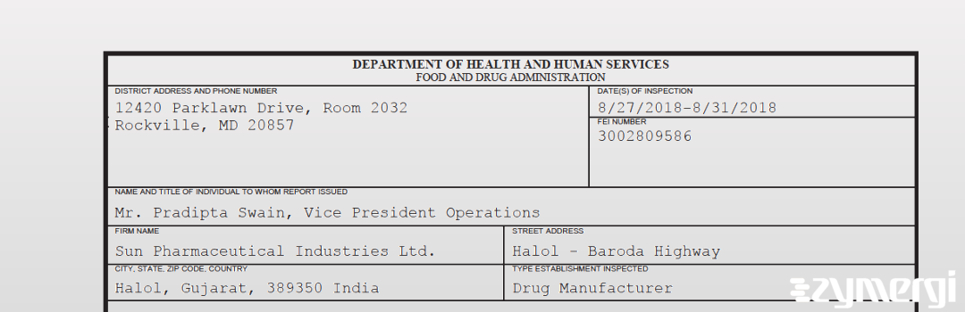FDANews 483 Sun Pharmaceutical Industries, LTD. Aug 31 2018 top