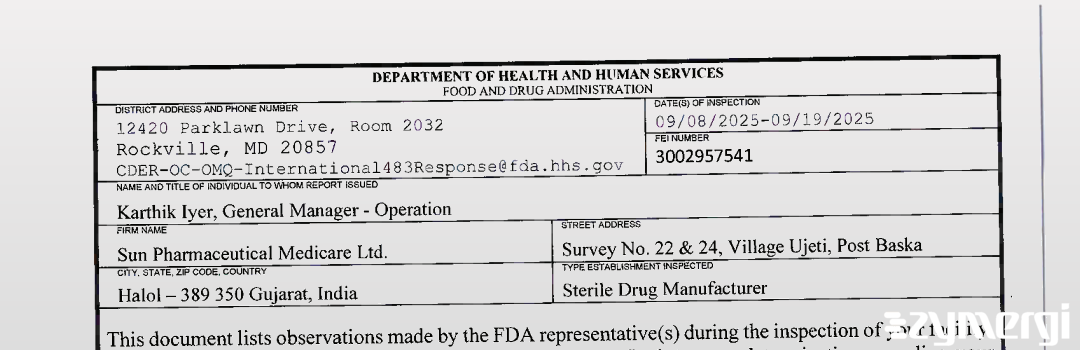 FDANews 483 Sun Pharmaceutical Medicare Limited Sep 19 2025 top