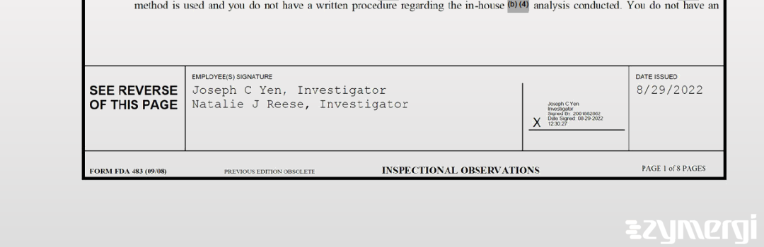 Natalie J. Reese FDA Investigator Joseph C. Yen FDA Investigator 