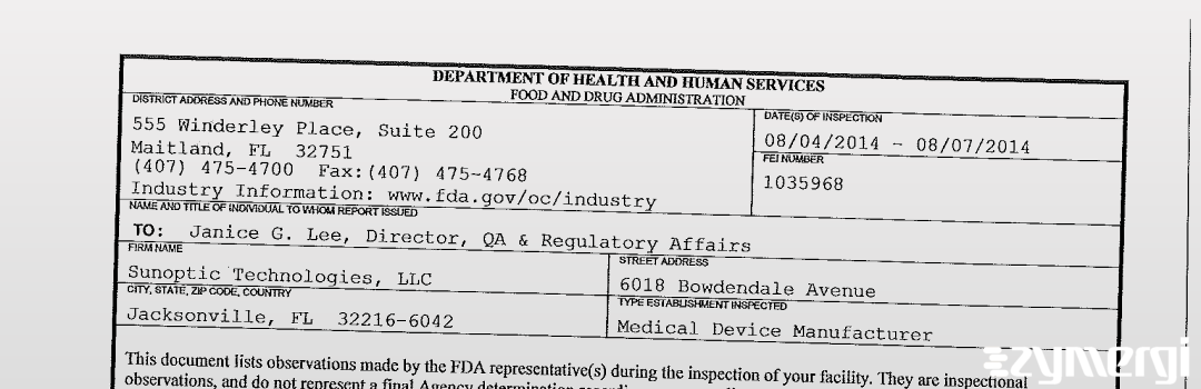 FDANews 483 Sunoptic Technologies, LLC Aug 7 2014 top