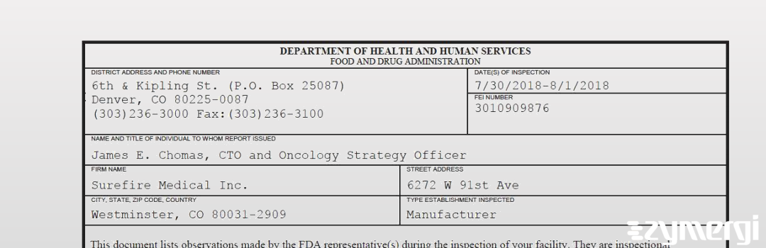 FDANews 483 Surefire Medical, Inc Aug 1 2018 top