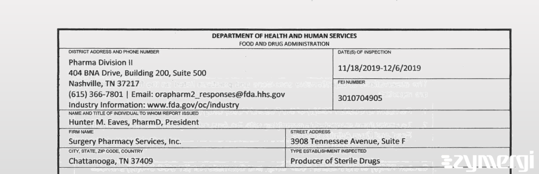FDANews 483 Surgery Pharmacy Services Inc Dec 6 2019 top