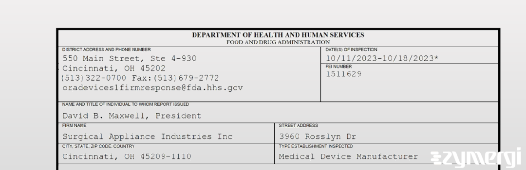FDANews 483 Surgical Appliance Industries Inc Oct 18 2023 top