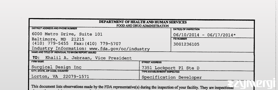FDANews 483 Surgical Design Inc Jun 17 2014 top