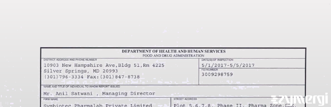 FDANews 483 Symbiotec Pharmalab Limited May 5 2017 top