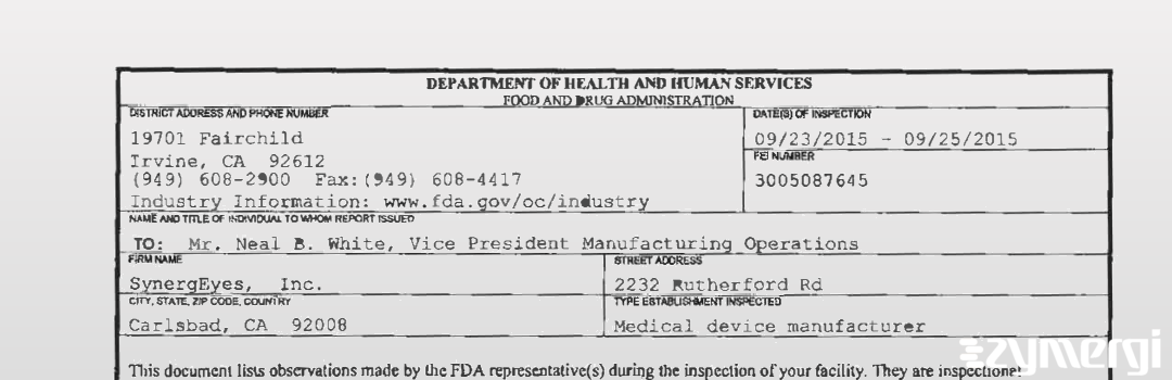 FDANews 483 SynergEyes, Inc. Sep 25 2015 top