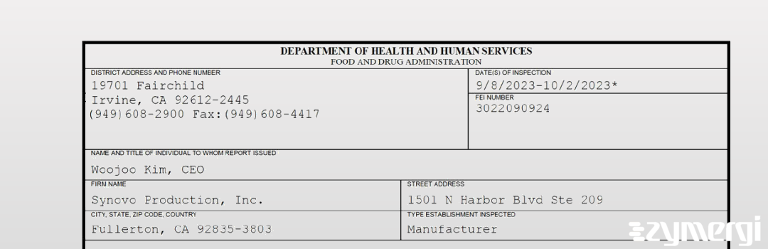 FDANews 483 Synovo Production Oct 2 2023 top