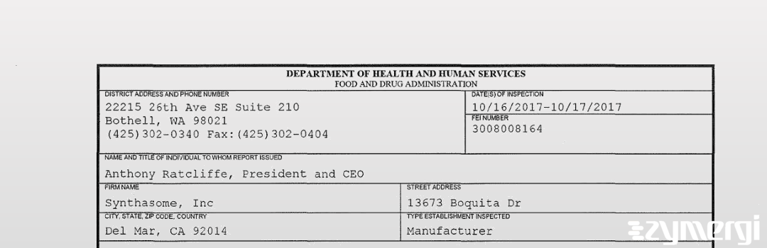 FDANews 483 Synthasome, Inc Oct 17 2017 top