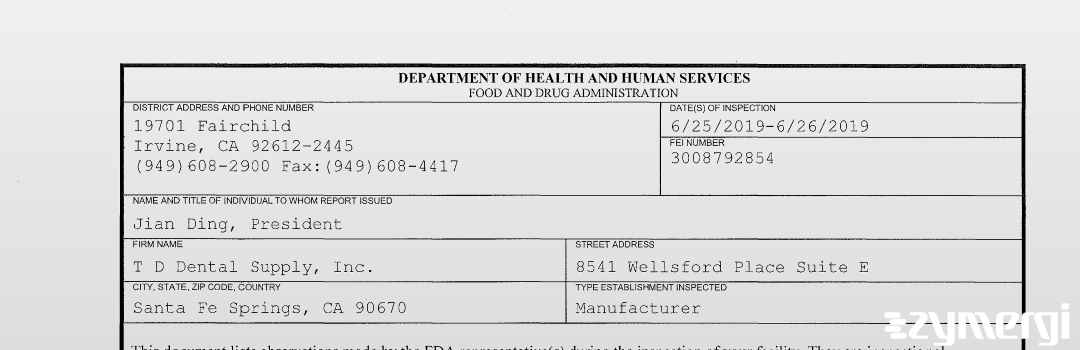 FDANews 483 T D Dental Supply, Inc. Jun 26 2019 top