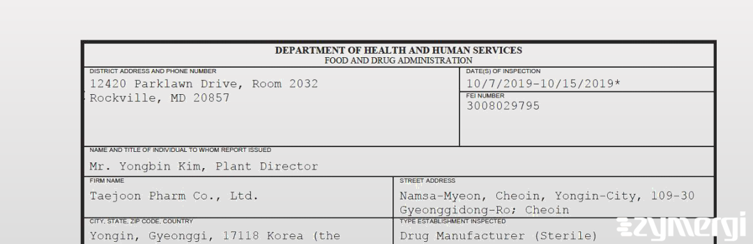 FDANews 483 Taejoon Pharm Co., Ltd. Oct 15 2019 top