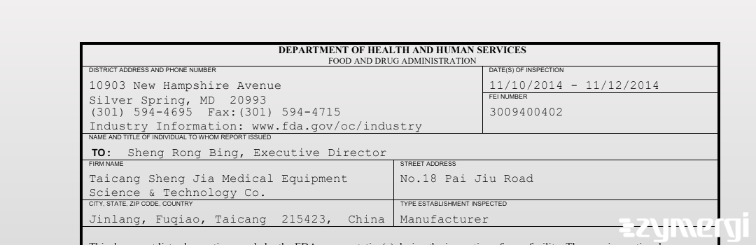 FDANews 483 Taicang Sheng Jia Medical Equipment Science & Technology Co. Nov 12 2014 top