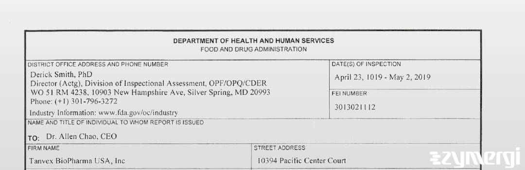FDANews 483 Tanvex BioPharma USA, Inc May 2 2019 top