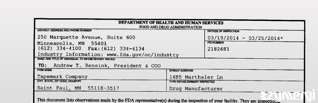FDANews 483 Tapemark Company Mar 25 2014 top