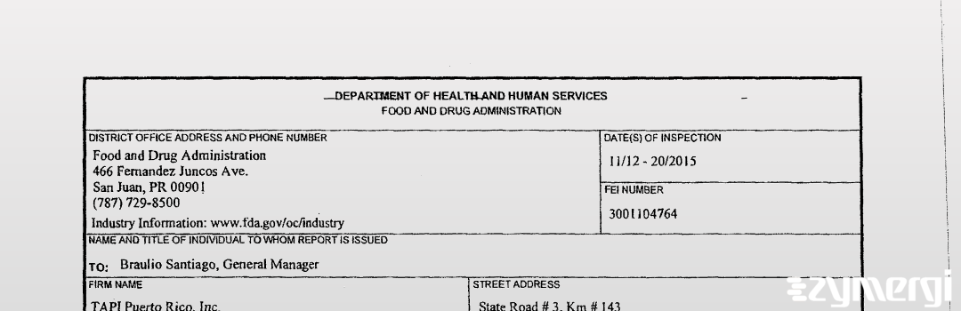 FDANews 483 Tapi Puerto Rico, Inc. Nov 20 2015 top