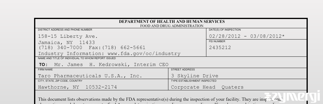 FDANews 483 Taro Pharmaceuticals U.S.A., Inc. Mar 8 2012 top