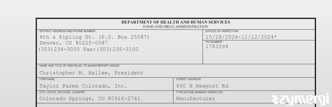 FDANews 483 Taylor Farms Colorado, Inc. Nov 12 2024 top