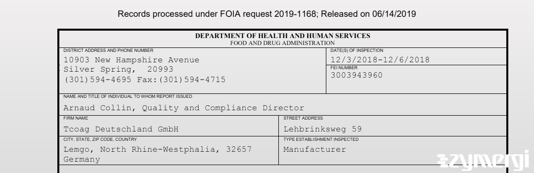 FDANews 483 Tcoag Deutschland GmbH Dec 6 2018 top