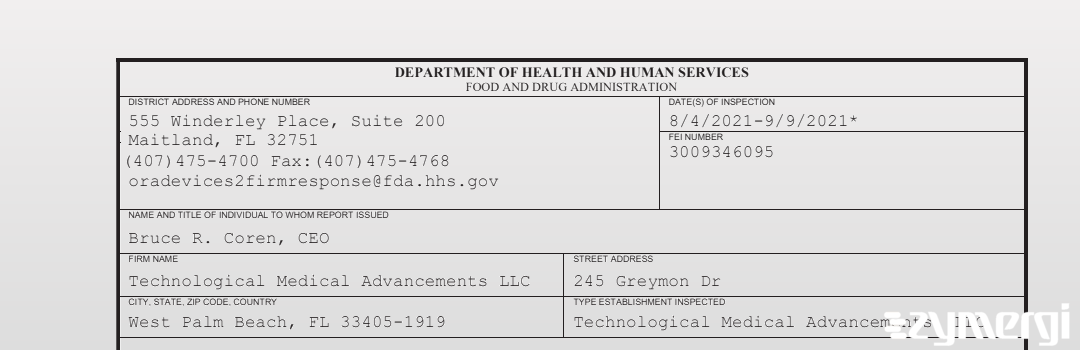 FDANews 483 Technological Medical Advancements LLC Sep 9 2021 top