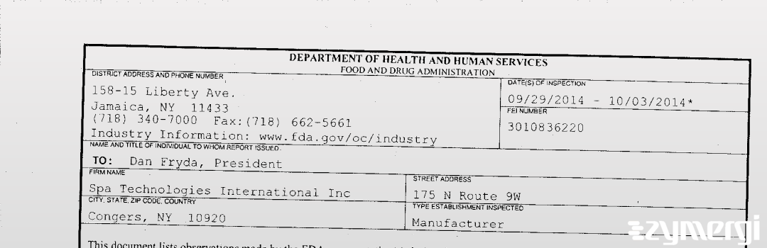 FDANews 483 Spa Technologies International Inc Oct 3 2014 top