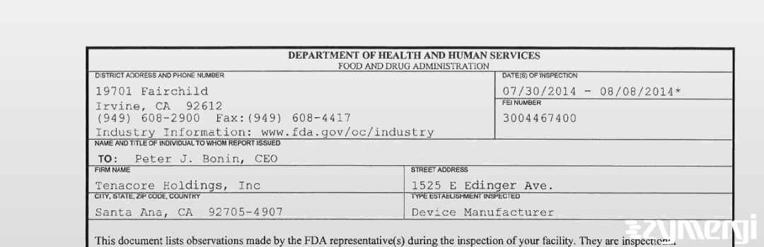 FDANews 483 Tenacore Holdings, Inc Aug 8 2014 top