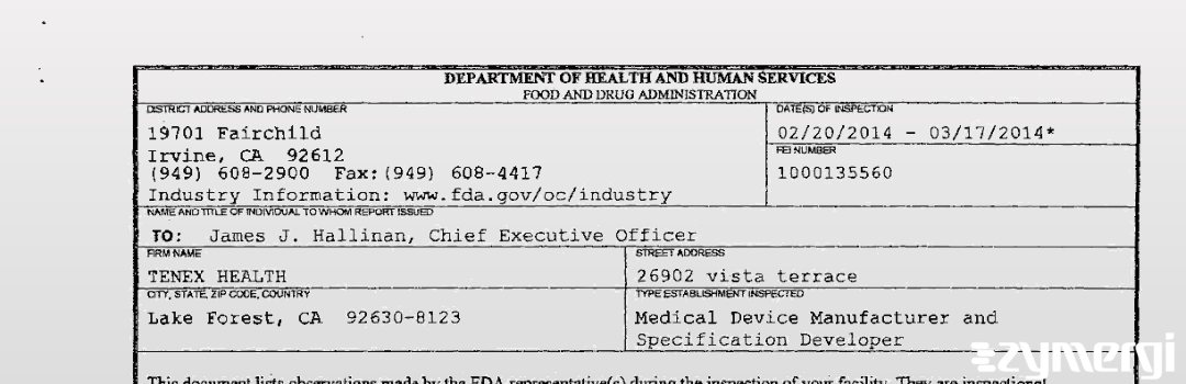 FDANews 483 TENEX HEALTH Mar 17 2014 top