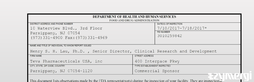 FDANews 483 Teva Pharmaceuticals USA Inc Jul 18 2017 top