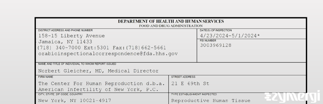 FDANews 483 The Center For Human Reproduction d.b.a. American Infertility of New York, P.C. May 1 2024 top