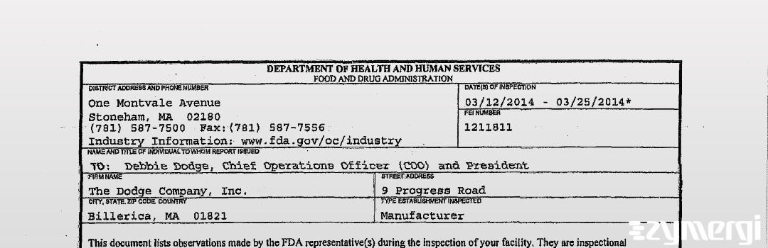 FDANews 483 The Dodge Company, Inc. Mar 25 2014 top