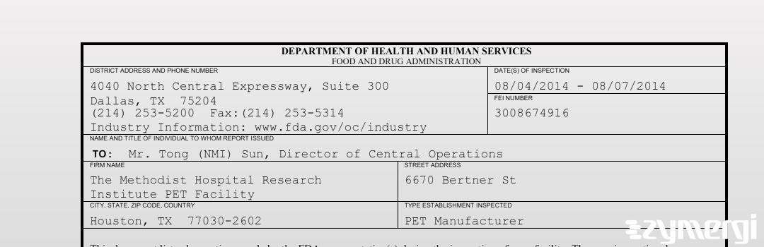 FDANews 483 The Methodist Hospital Research Institute PET Facility Aug 7 2014 top