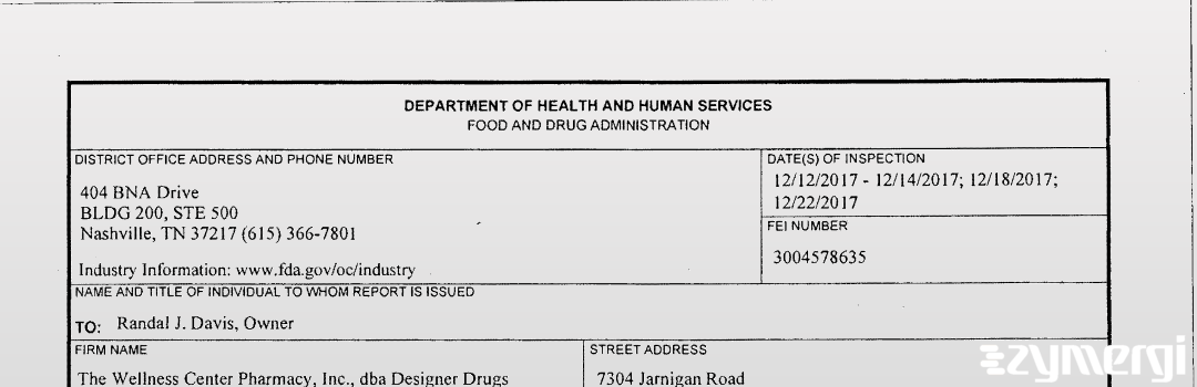 FDANews 483 The Wellness Center Pharmacy, Inc., dba Designer Drugs Dec 22 2017 top