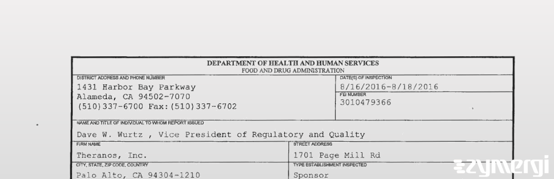 FDANews 483 Theranos, Inc. Aug 18 2016 top
