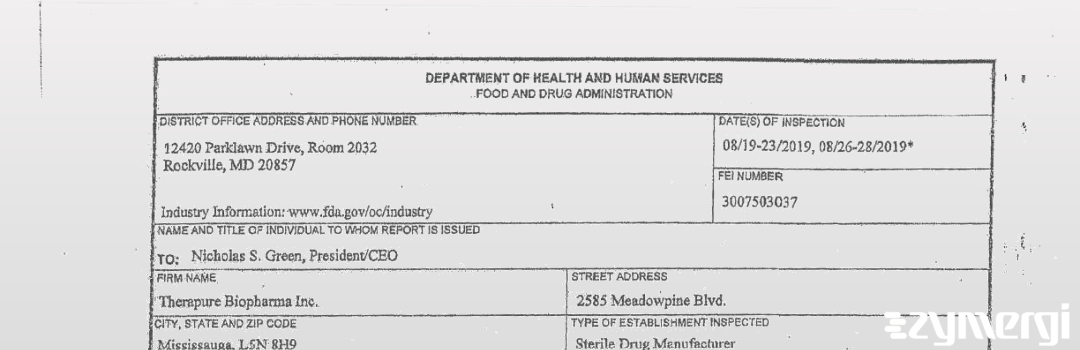 FDANews 483 Therapure Biopharma Inc Aug 28 2019 top