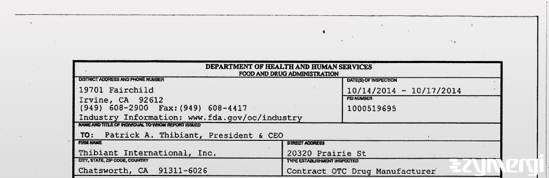 FDANews 483 Thibiant International, Inc. Oct 17 2014 top