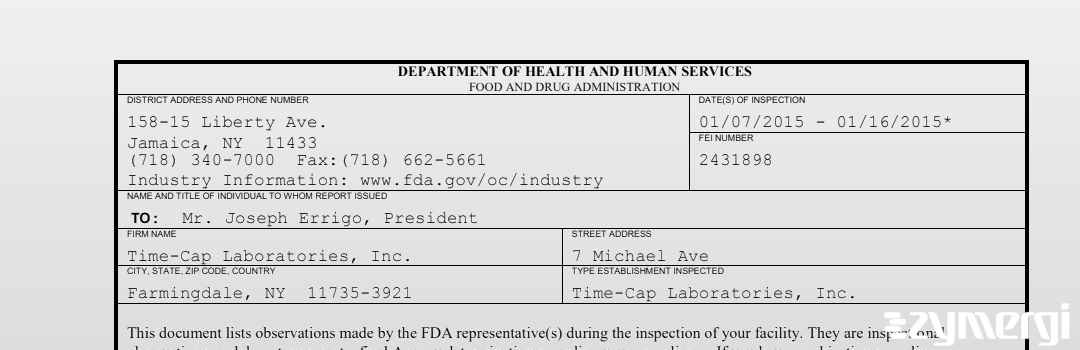 FDANews 483 Time-Cap Laboratories, Inc. Jan 16 2015 top