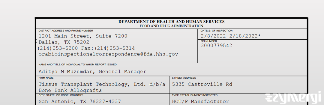 FDANews 483 Tissue Transplant Technology, Ltd. d/b/a Bone Bank Allografts Feb 18 2022 top