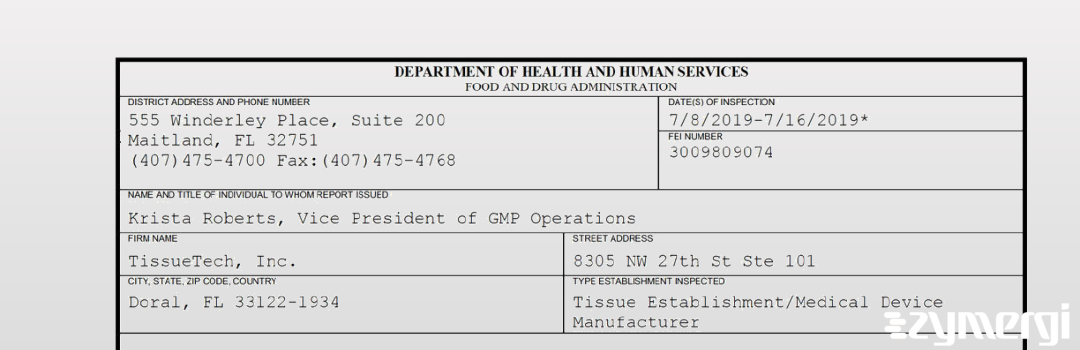 FDANews 483 TissueTech, Inc. Jul 16 2019 top
